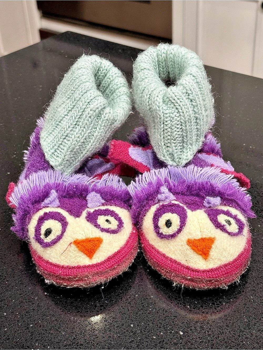 Garnet Hill Haflinger boiled wool Slippers owl Purple & Pink size 10
